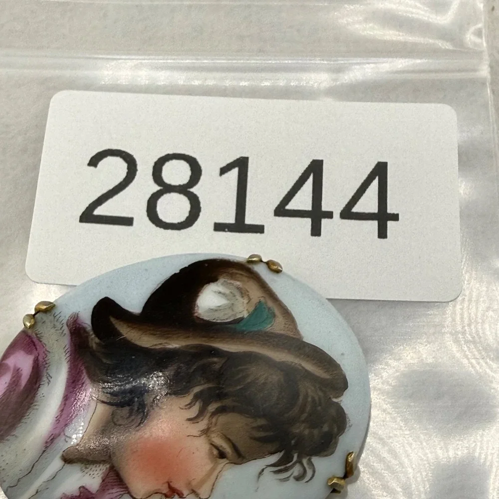 Vintage Victorian Hand Painted Porcelain Brooch Little Girl With Hat